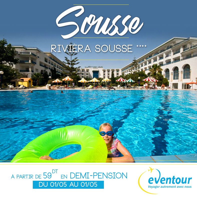 eventourTN's tweet photo. #Promo #Hotel #Rivièra #Sousse 4* du 01/05 au 31/05
à partir de 59dt en Demi-pension
#eventour #tunisie #trip #voyage #tourisme https://t.co/2xcSNWc9YK