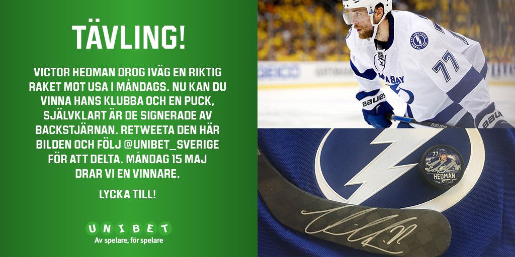 TÄVLING! Retweeta det här och följ <a href="/Unibet_Sverige/">Unibet Sverige</a> så kan du vinna en klubba och en puck signerad av Unibets ambassadör Victor Hedman.