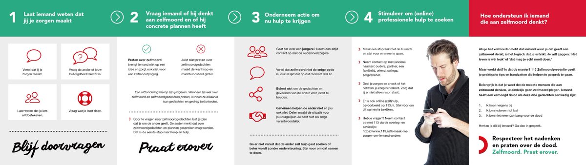 Hoe ondersteun je iemand die aan #zelfmoord denkt? Download de #zelfmoordpreventiewijzer voor tips. 113.nl/ik-maak-me-zor…