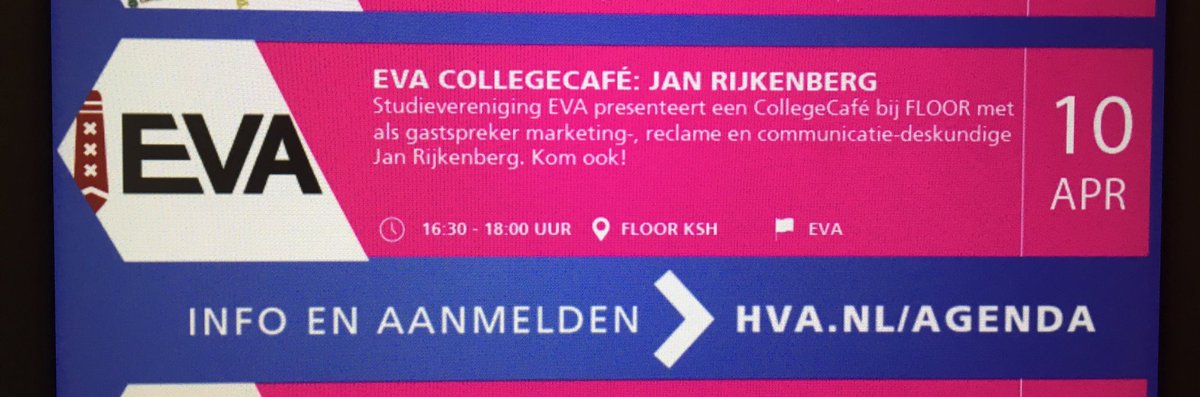 Vanmiddag in het Kohnstammhuis EVA CollegeCafé met CEO van concept- en reclamebureau BSUR, @JanRijkenberg ! Kom ook! @hvamic @HvA_Student