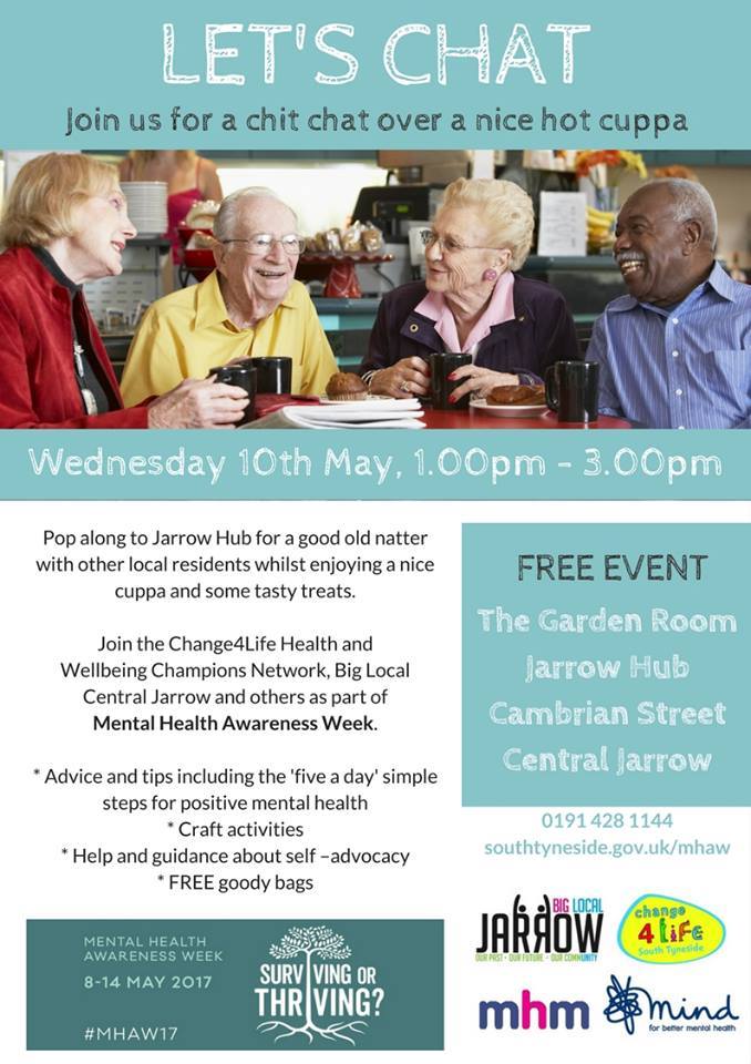 Pop down to the Jarrow Hub today to support #MHAW17 Have a cuppa', listen to the Dam Jammers, talk to the team from <a href="/Change4Life/">Change4LifeComityFoundation</a> and more