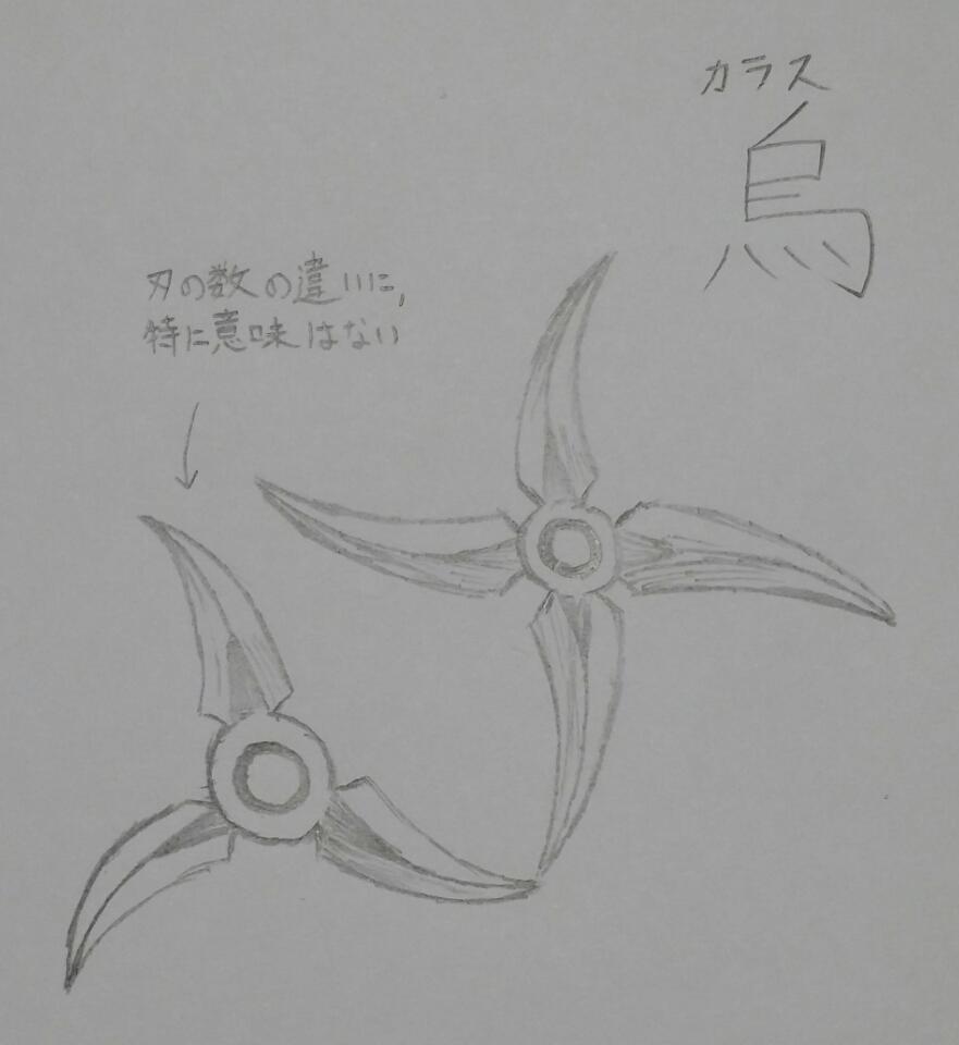 バクサン 無限の住人の武器6 烏 カラス 逸刀流剣士 黒衣鯖人の武器 見ての通り手裏剣 大型 である 本作では 中央の穴に指を突っ込み回転させ 攻撃又は防御に使用する 映画では クライマックスにて万次さんが投擲して敵を倒すシーンが登場している