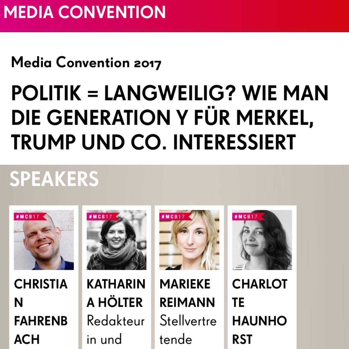 Spreche heute mit <a href="/CHaunhorst/">Charlotte Haunhorst</a>, @diehoelter &amp; @CFahrenbach auf der @MCBerlin17 über Politik für die #GenerationY. 12.30 Uhr Stage 6 #rp17