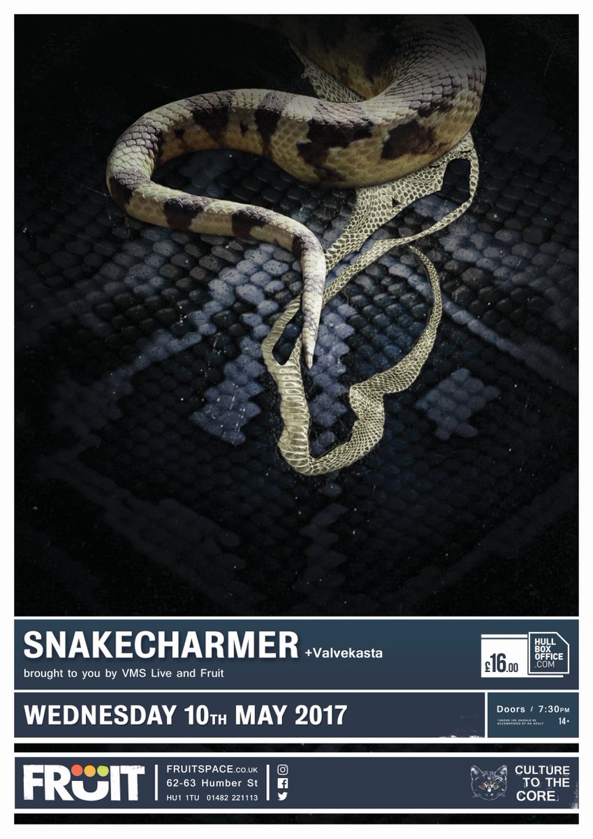 FruitSpaceHull's tweet photo. TONIGHT! An amazing Rock line-up: @SnakecharmerGB 
+ supports @RebeccaDownesUK &amp; @valvekasta 7:30pm doors, 
£16 adv: https://t.co/CAmT0bIBD3 https://t.co/zN3smbR2F8