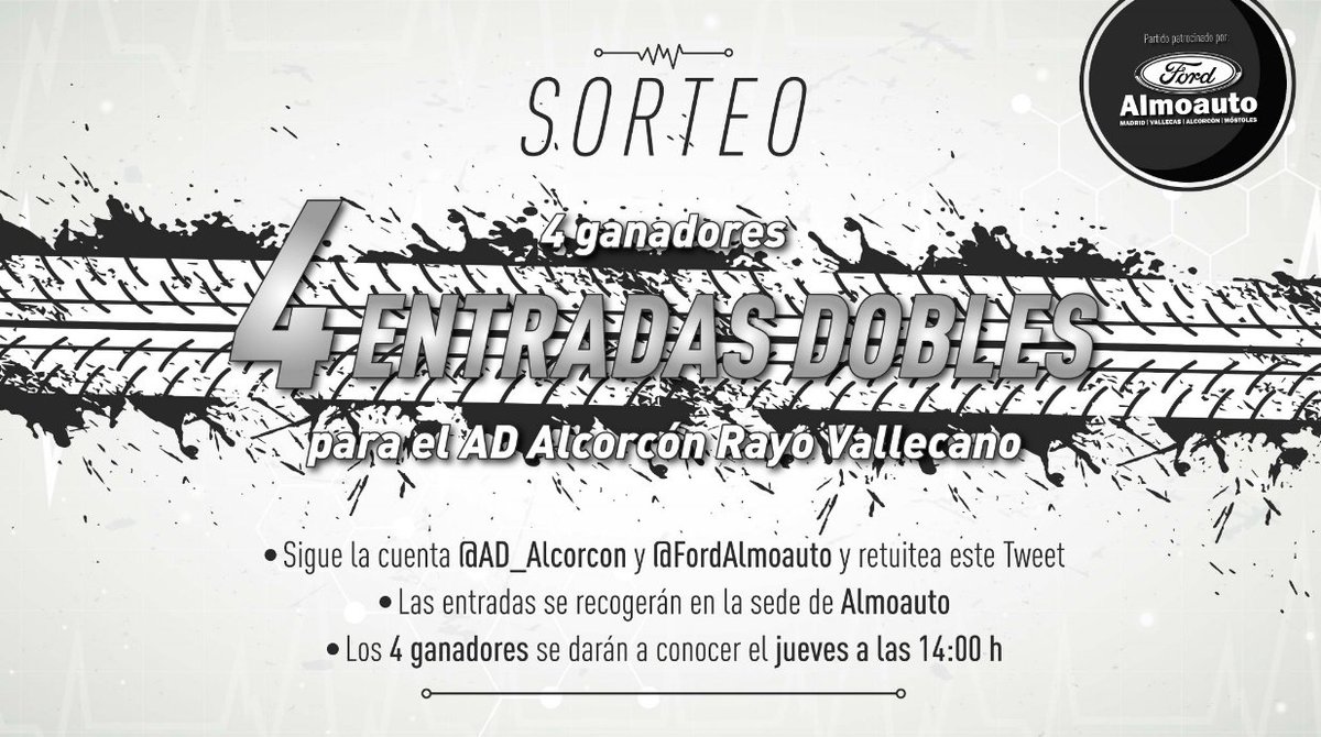 FordAlmoauto's tweet photo. ¿Quieres conseguir 2 entradas para el #AlcorcónRayo gracias a @FordAlmoauto?
Aquí las instrucciones!
Jueves damos los 4 ganadores!
Suerte! https://t.co/p5PvJzT3Ny