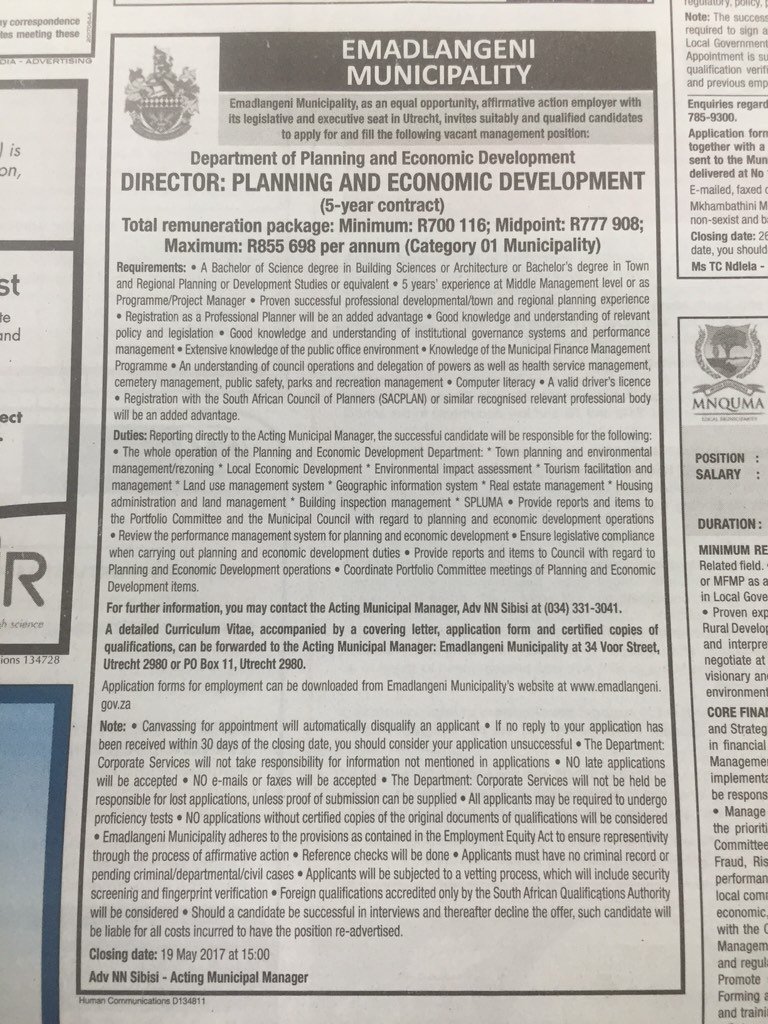 Thabiso_Dlamini's tweet photo. Director: Planning &amp; Economic Development #JobSeekersWednesday https://t.co/rswsh8hrZ6