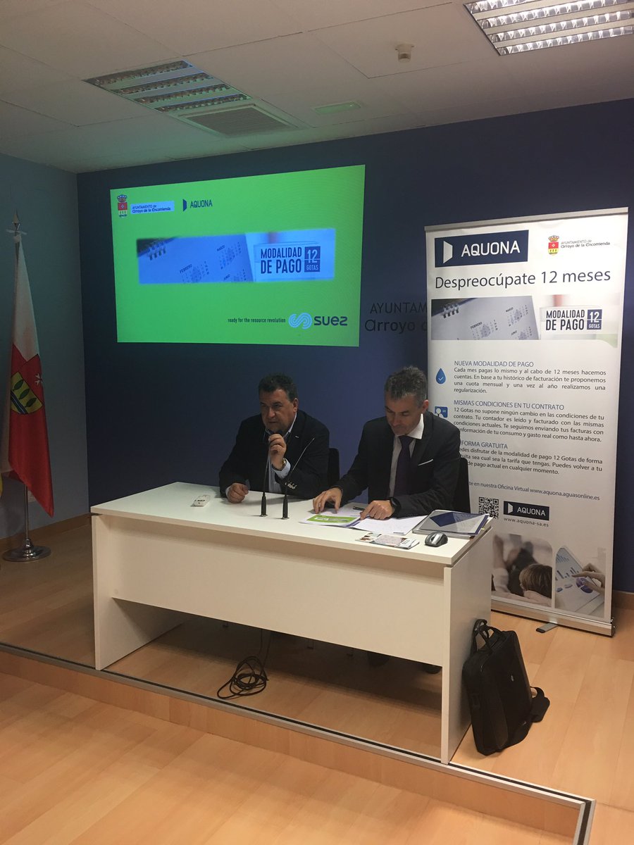 AytoArroyo's tweet photo. @AytoArroyo y aquona presentan en rueda de prensa la nueva modalidad de pago de agua mes a mes. Doce meses doce cuotas. https://t.co/e4tYpqCbVt