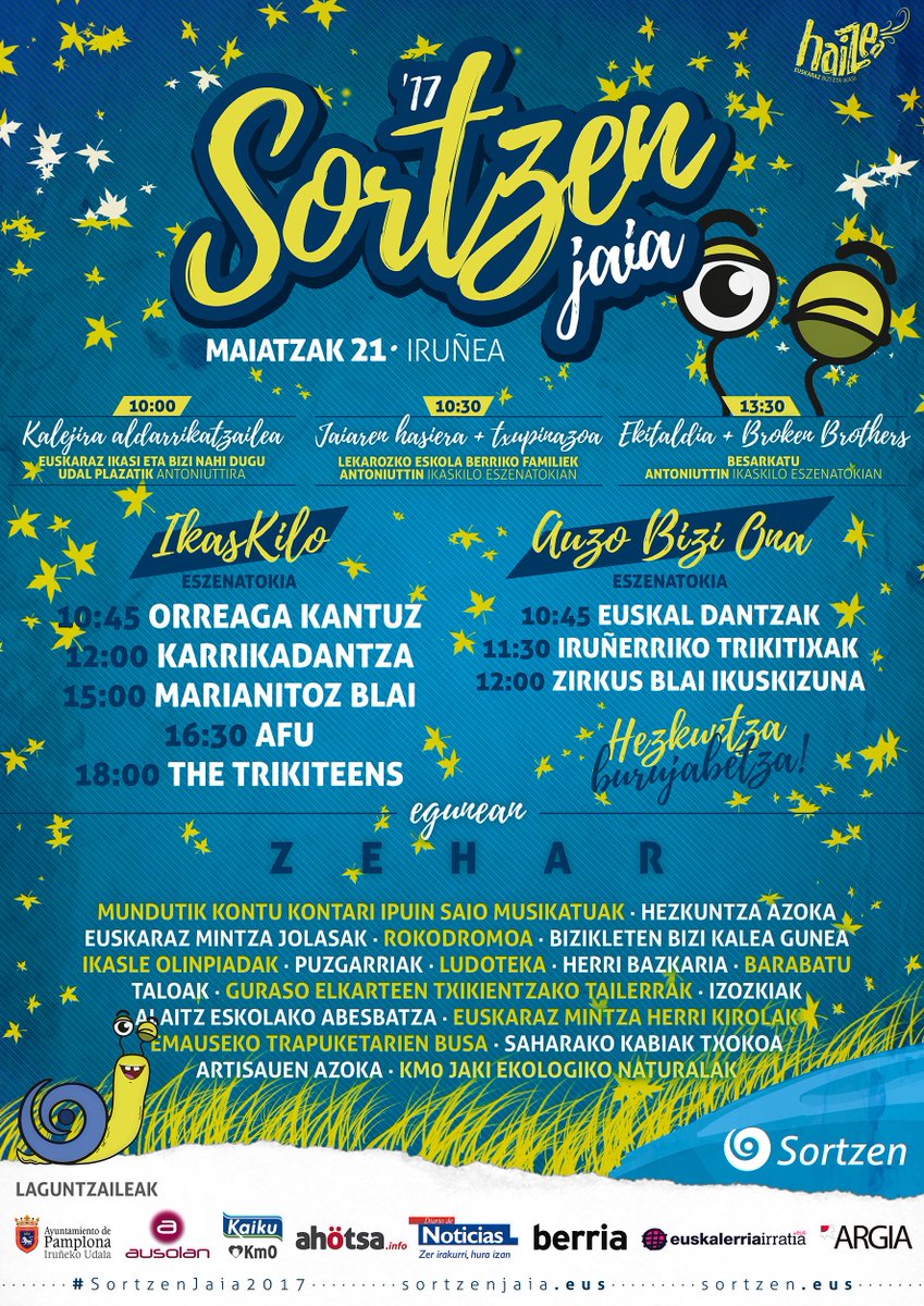 SortzenElkartea's tweet photo. #SortzenJaia2017​ko EGITARAUA PREST!
Maiatzaren 21ean Iruñera! Hau da Auzo Bizi Onaren Eskola!
https://t.co/vknOYbQ2s9 https://t.co/9YOBP0zvXl