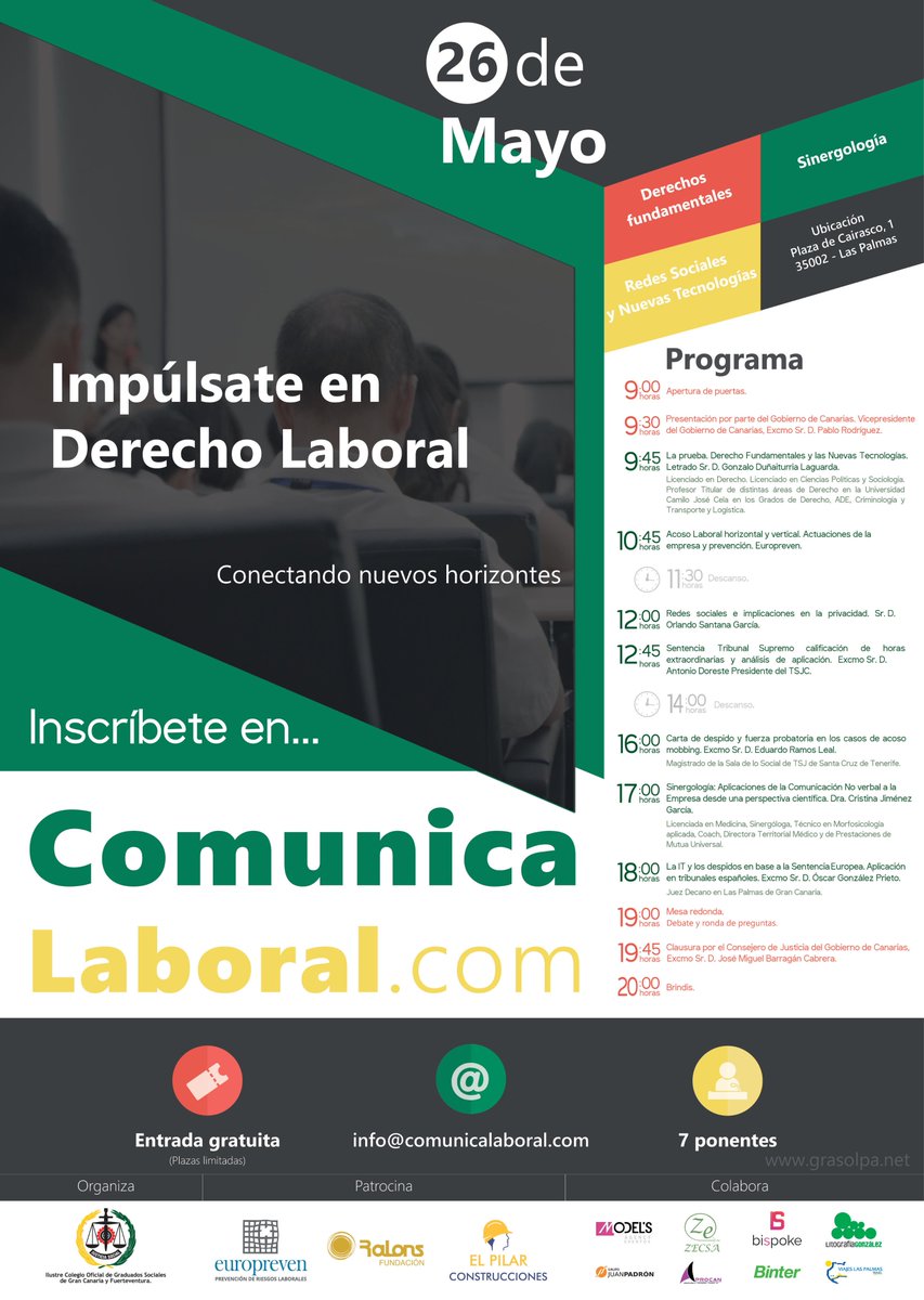 LaboralComunica's tweet image. Programa de las jornadas #ComunicaLaboral 👨‍🎓📱
🗓️26 de mayo
📍Plaza de Cairasco, 1.