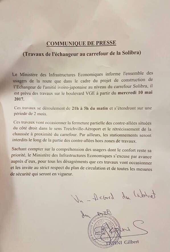 SmartTrafficCI's tweet photo. #info #traffic Démarrage des travaux du carrefour Solibra le 10/05. Bon courage!
#SmartTraffic #SmartTrafficCI #CIV #cotedivoire #Team225 https://t.co/E0dsKenFZO