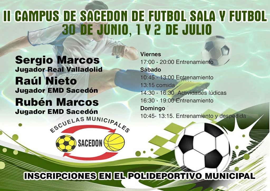 |CAMPUS|
II EDICIÓN 
Disfruta del fútbol sala y aprende de las 3 mejores zurdas de Sacedón con tus amigos!
Juegos, retos, risas...
Anímate!
