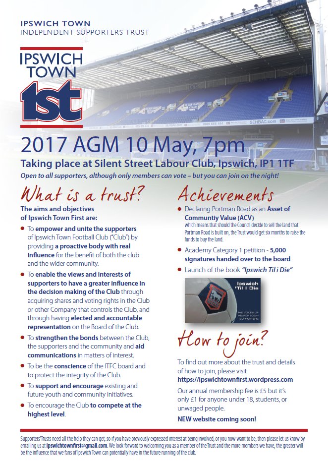 ITFCtrust's tweet photo. Just a reminder that the AGM is happening tonight - please see flyer for details. It will be possible to join on the night too. #ITFC https://t.co/yUpglwnFL9