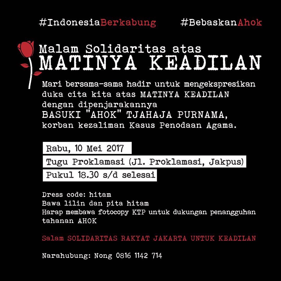 AhokDjarot's tweet photo. 30 menit lagi! Ayo kita bersama-sama menyuarakan pentingnya mengembalikan keadilan di negeri ini! #IndonesiaBerkabung #BebaskanAhok https://t.co/30TIQKLsal
