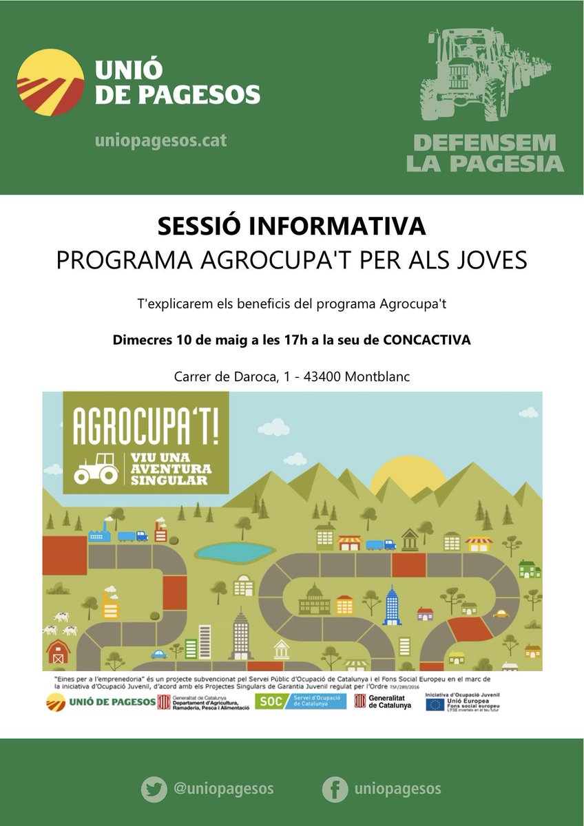 uniopagesos's tweet photo. AVUI 10/5 17h Montblanc (seu @CONCACTIVA, c/ de Daroca, 1): sessió informativa d'@uniopagesos sobre el programa per a joves @agrocupat https://t.co/b7t9MjUTFC