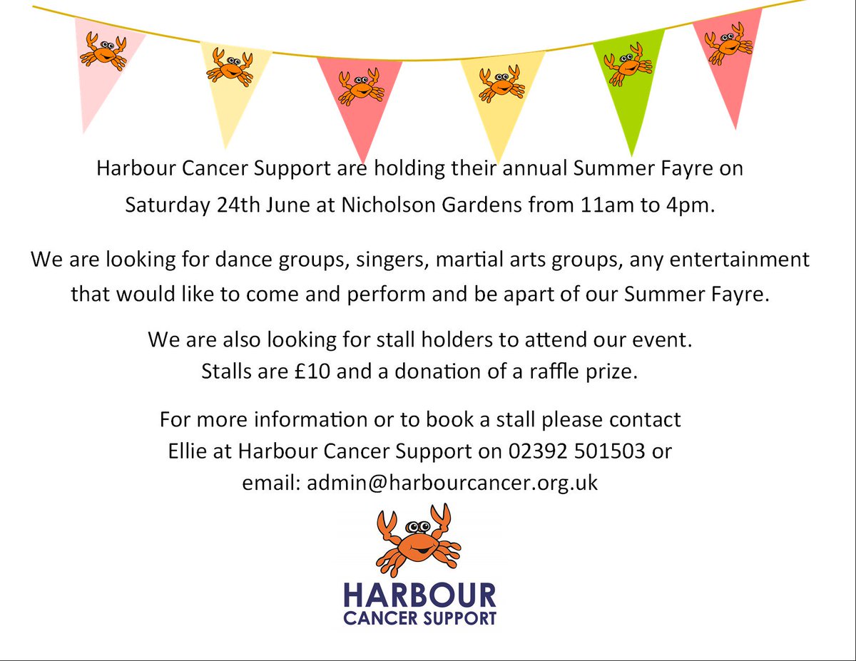 Stall holders and entertainment wanted for Harbour's Summer Fayre on 24th June please contact admin@harbourcancer.org.uk or phone 92501503