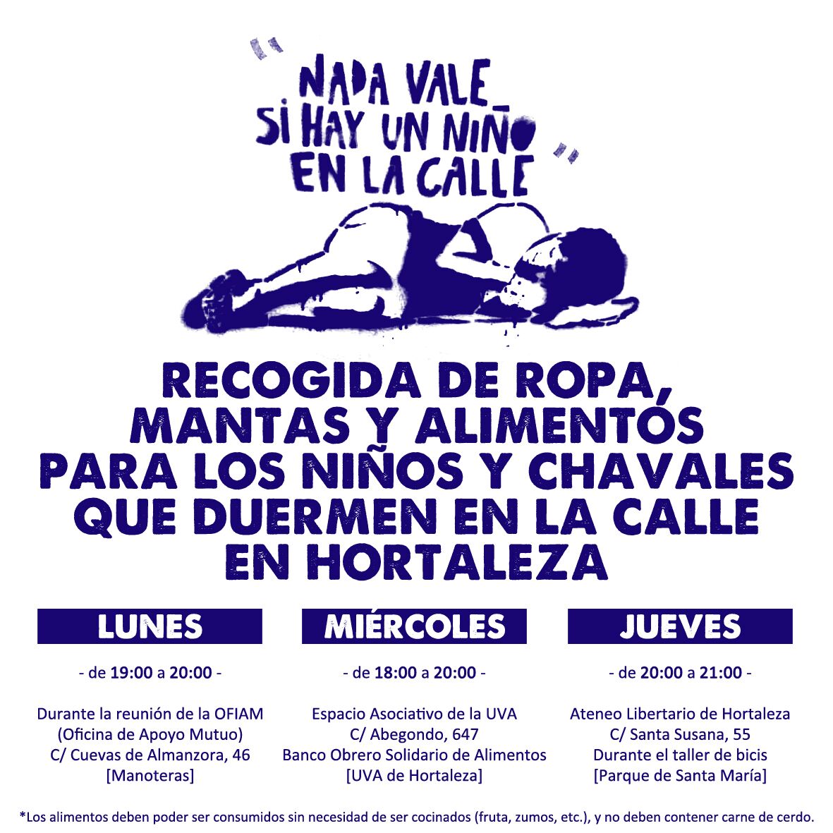 frenteobreroesp's tweet photo. [MADRID] Recogida de mantas, ropa y alimentos para los niños y jóvenes que duermen en la calle en Hortaleza. ¡DIFUNDE! https://t.co/BGQ7e8ufee