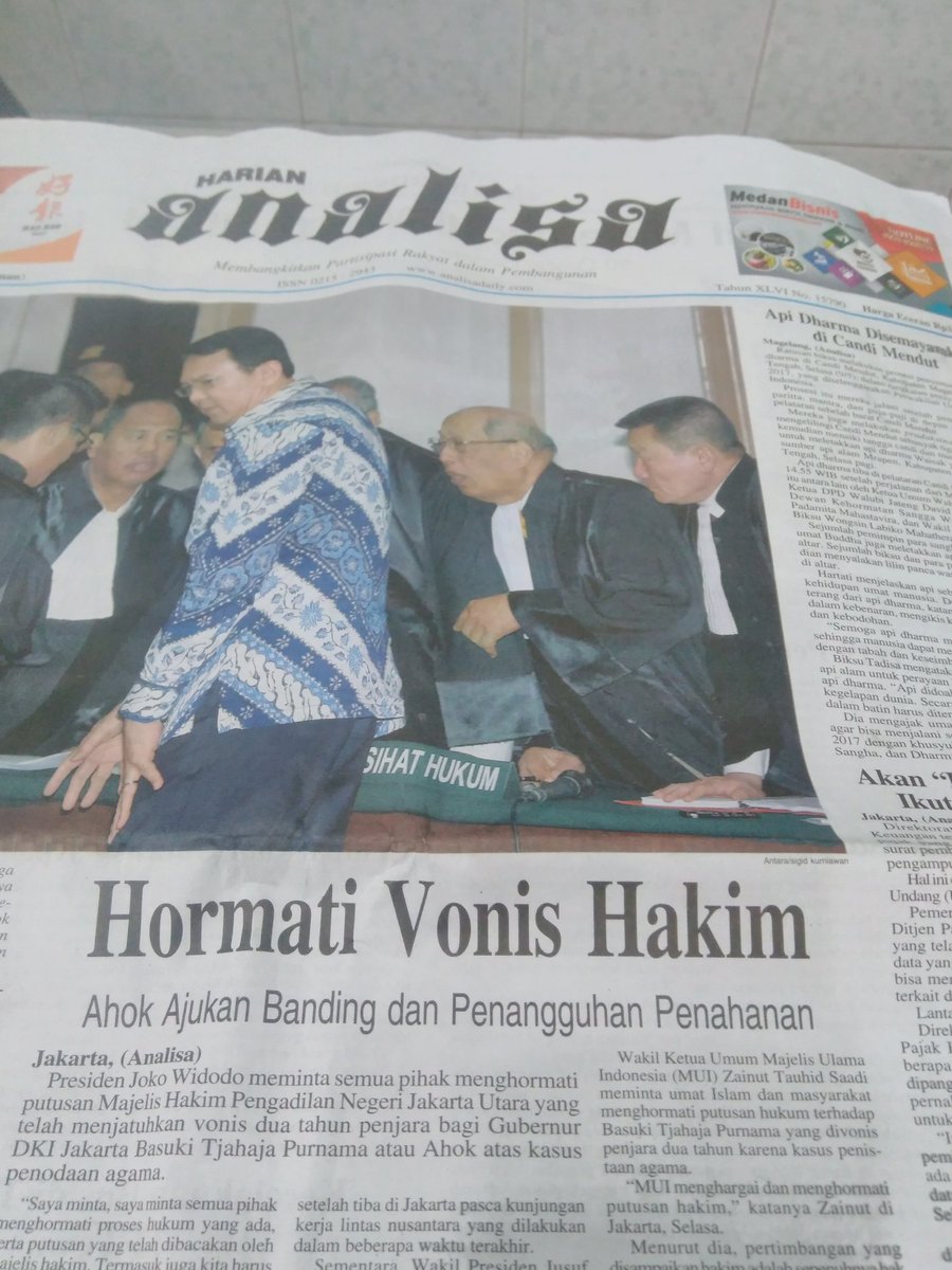 TogaHQ's tweet photo. Analisa, salah satu harian terbesar di Sumut. Pemilik dan pasar utamanya etnis Tionghoa. Begini tajuk utama mereka hari ini #KebesaranHati https://t.co/RJRpfYRZMS