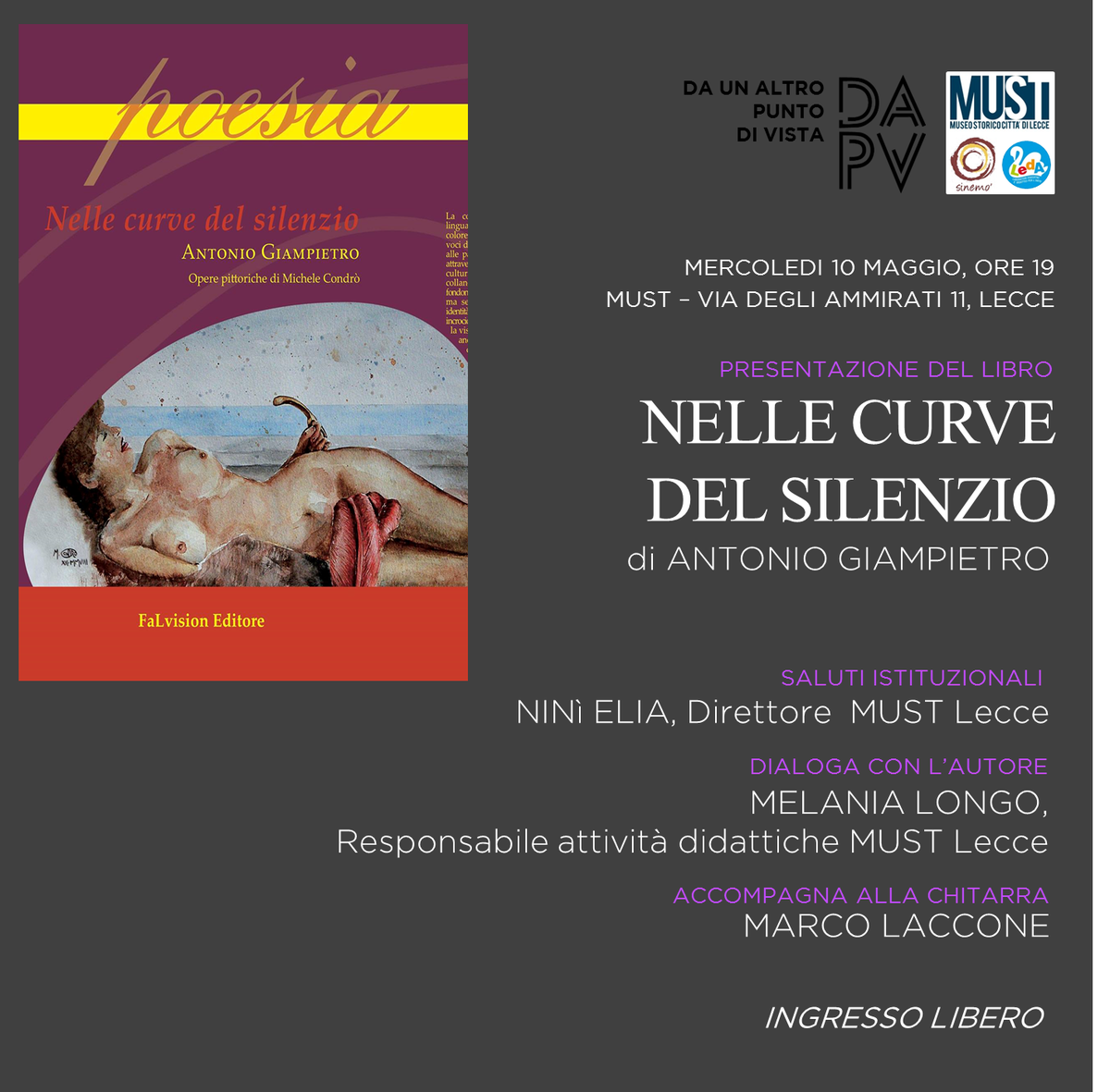 must_experience's tweet photo. #DAPV #MUSTLecce Oggi h19 presentazione libro NELLE CURVE DEL SILENZIO del poeta AGiampietro, Marco Laccone alla chitarra. Ingresso libero! https://t.co/uKdmlN96jO