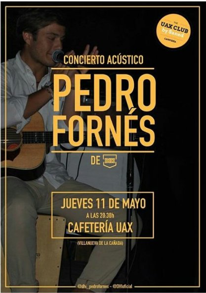 Recordamos que mañana nuestro querido @DHI_PedroFornes actúa en la #UAX  de Madrid! Prohibido perdérselo!!! 🎸🎼🎤
Abrazos, Pedro 😊