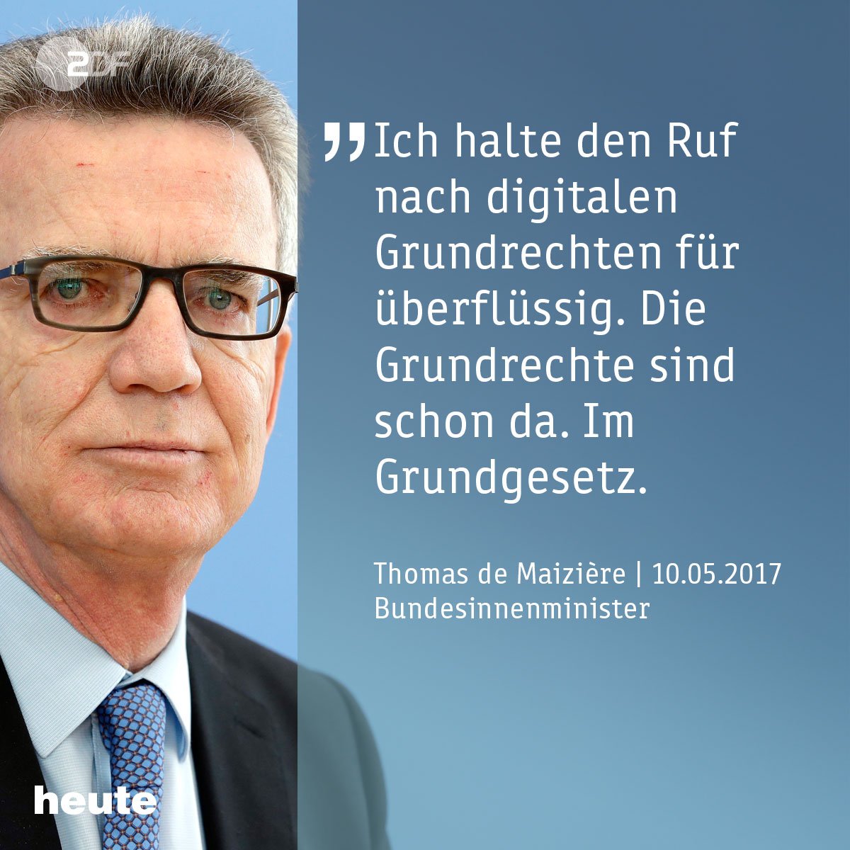 ZDFheute's tweet photo. Bundesinnenminister Thomas de Maizière hält gesonderte digitale Grundrechte für überflüssig. #rp17 https://t.co/XNTKe0kvpY