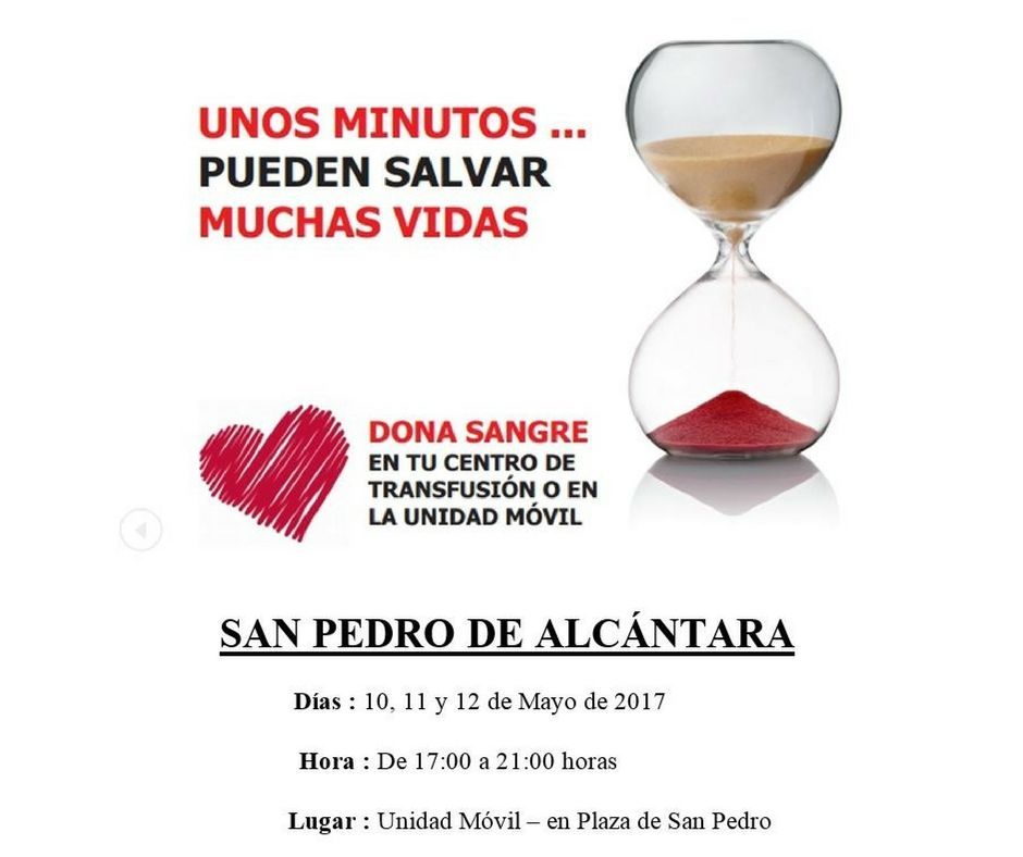 Dona sangre en #SanPedroAlcántara.
Plaza de la Iglesia 10, 11 y 12 de mayo de 17 a 21 horas

#DonaVida ❣