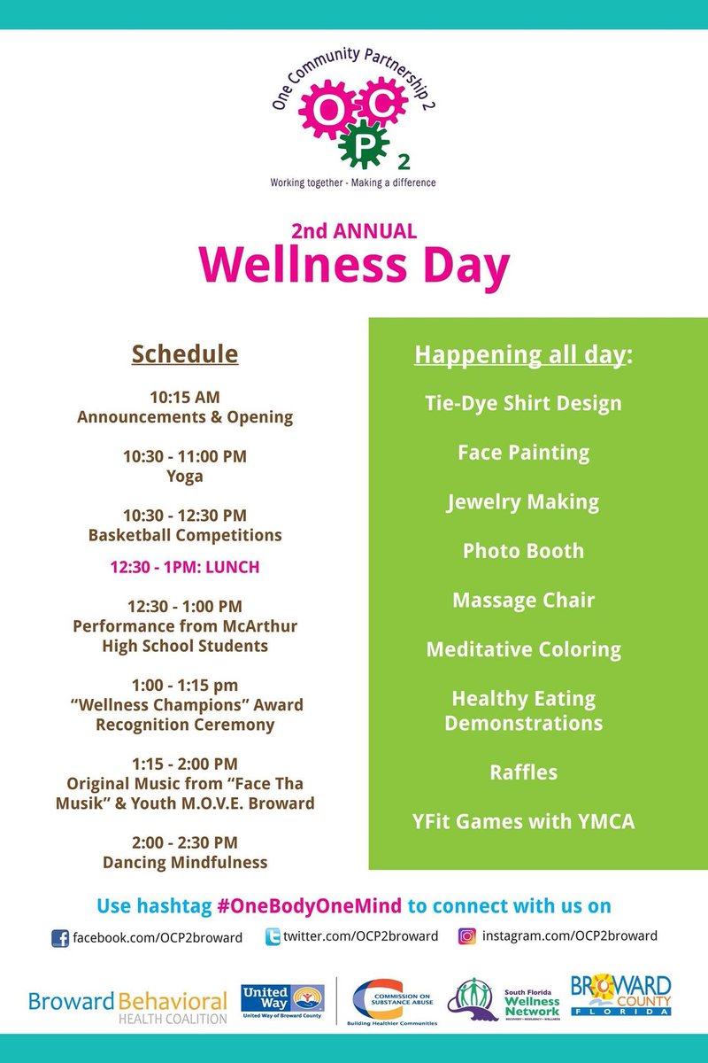 OCPBroward's tweet photo. Final schedule! we're on for #WellnessDay2017 at Central Broward Regional Park
#MentalHealthAwareness #OneBodyOneMind #BrowardYouthRock https://t.co/Thos1rh06f