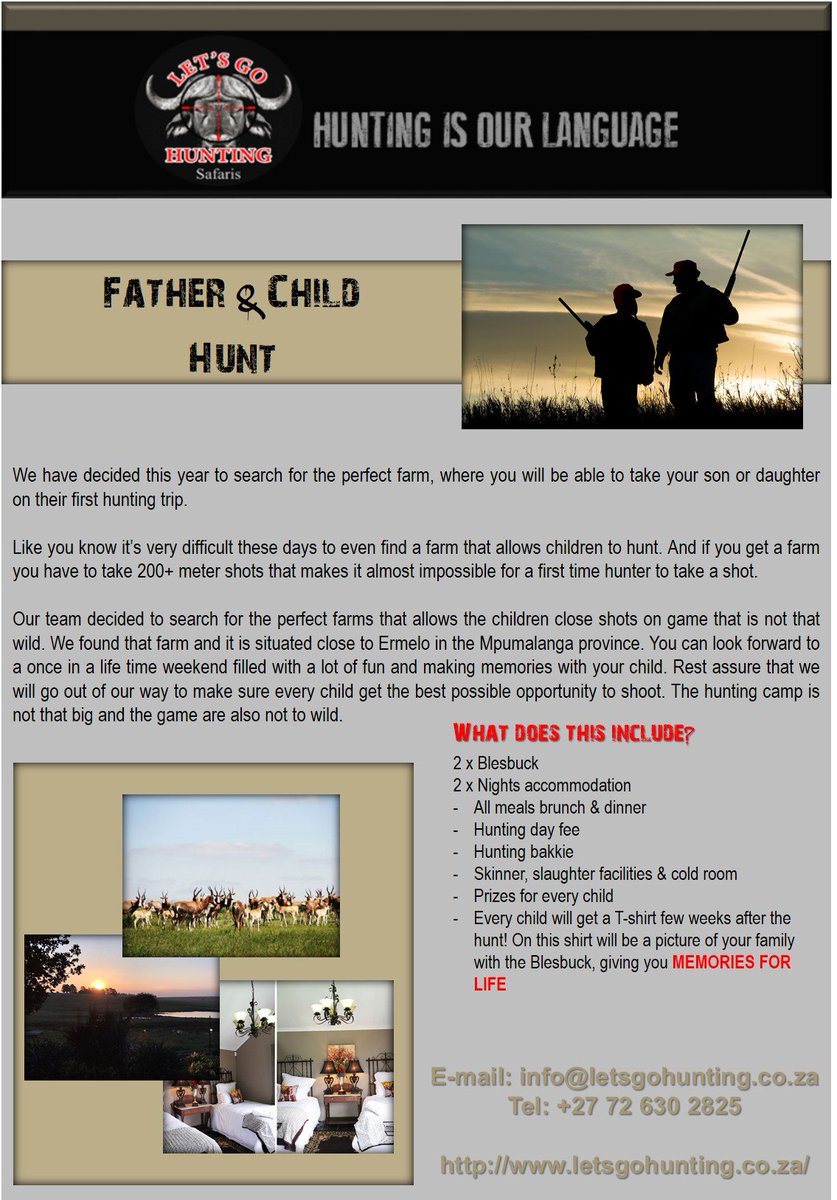 LetsGoHuntingSA's tweet image. Join us for Father &amp;amp; Child hunts this winter!
letsgohunting.co.za/p49/local-hunt…
