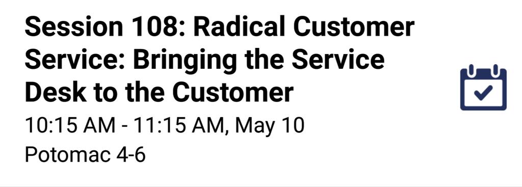 crevier's tweet photo. checkout "Radical Customer Service: Bringing the Service Desk to the Customer" at 10:15 by @neilamonst3r @TaylorJadin #HDI conf #RADservice https://t.co/jFvCvaukdV