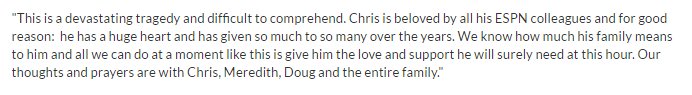 ESPNPR's tweet photo. Statement from ESPN President John Skipper on the passing of Chris Berman's wife, Kathy: https://t.co/xn3e854au1
