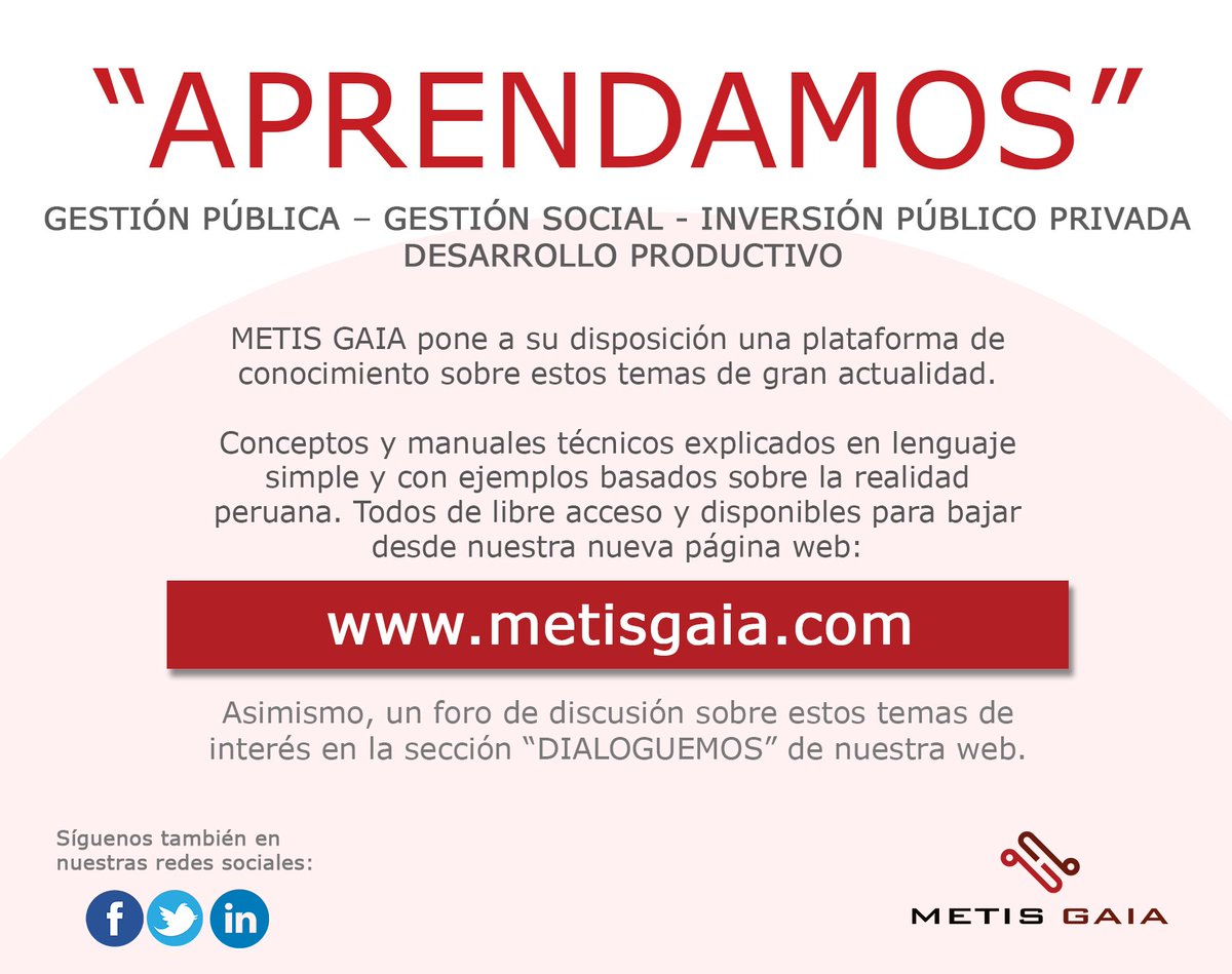 metis_gaia's tweet image. ¿Interesado en gestión pública, social, Inversión público-privada y el des productivo? Aprendamos (bit.ly/2pu7Fau) con @metis_gaia