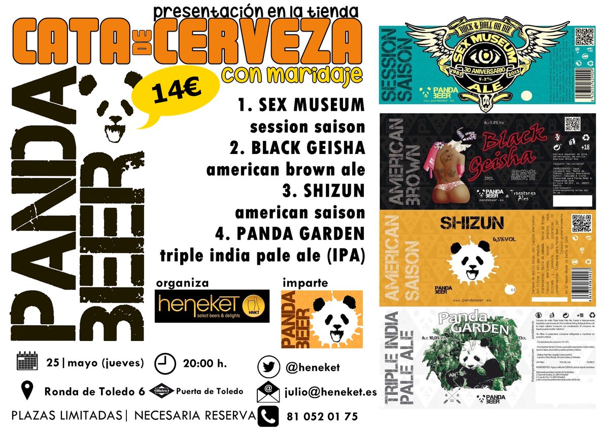 CATA de CERVEZAS ARTESANAS con PANDA BEER <a href="/pandacraftbeer/">Panda Craft Beer</a> 
25-Mayo | 20:00 h.
4 cervezas acompañdas de sus maridajes
#catadecerveza
#heneket