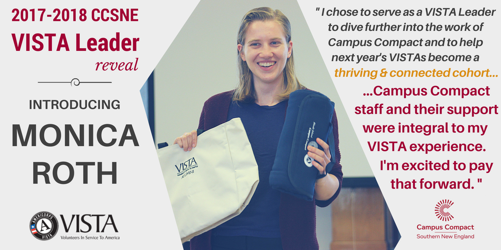 CompactSNE's tweet photo. Welcoming our second soon-to-be @AmeriCorpsVISTA Leader Monica Roth, current in-house @RICampusCompact member, to our 2017-18 cohort! https://t.co/FMW4ryOmgm