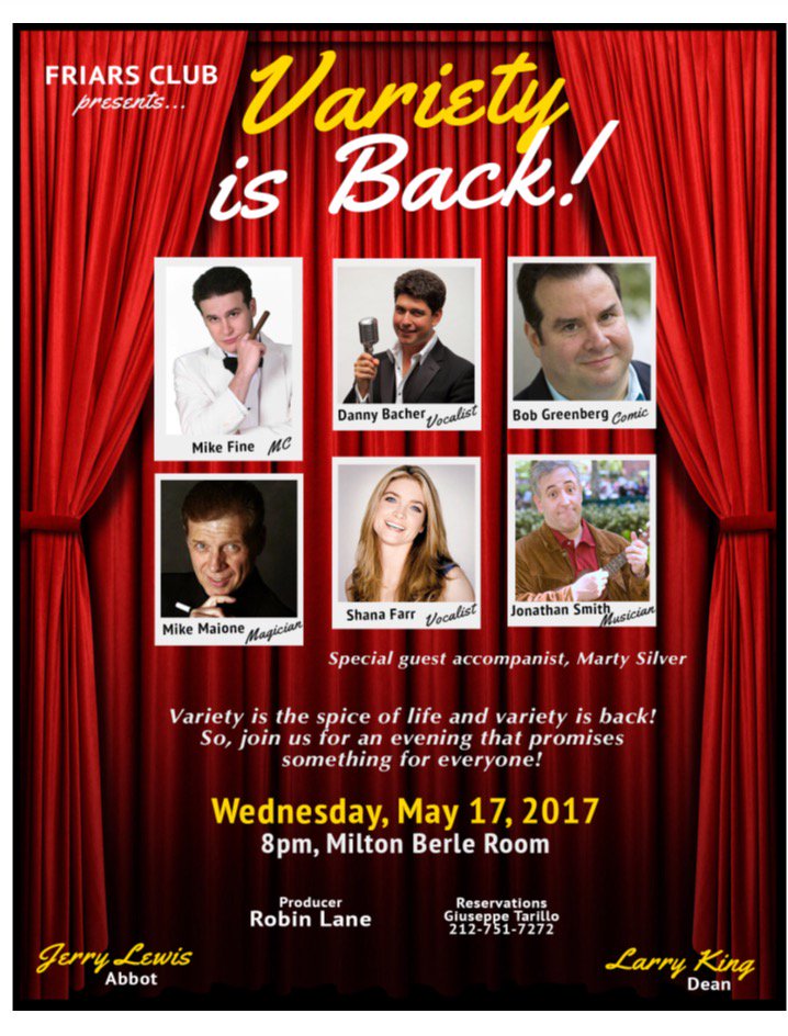 friarsclub's tweet photo. Magic. Comedy. Music. The @friarsclub has it all! Join us for "Variety Is Back!" #entertainer #wednesdaywant #musician #magician #comedian https://t.co/WyAUFRts3t