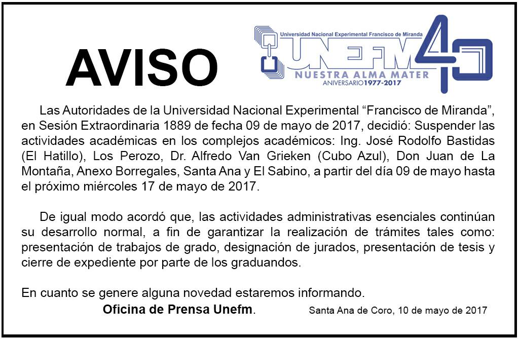prensaunefm's tweet photo. AVISO: suspensión de actividades académicas https://t.co/ImBfJFcdZZ
