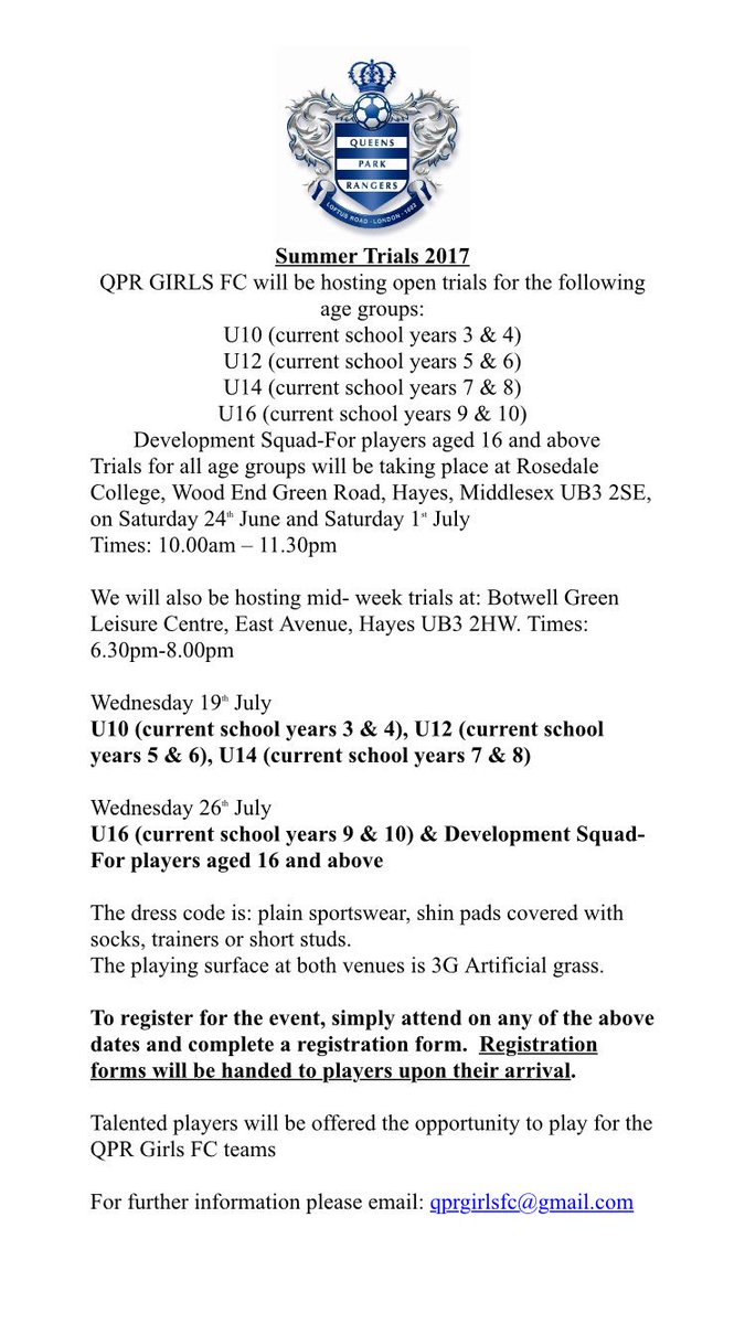 QPR Girls summer trials 2017
#QPRLFC #QPR #thisgirlcan #girlsfootball