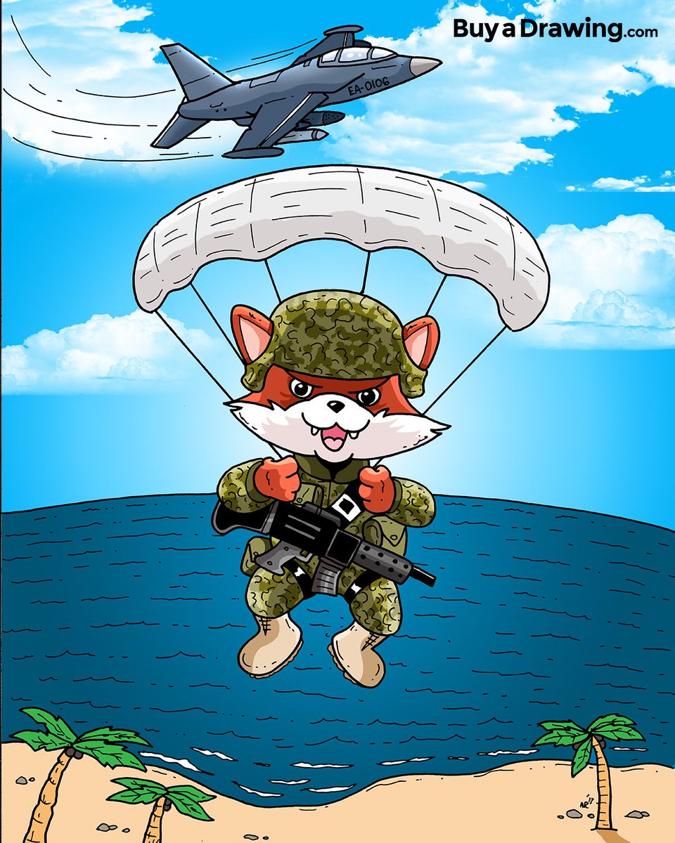Fox away! Here's a fierce baby fox dressed in camo parachuting out of a jet plane. Read more about this request at buff.ly/2qSqPc3