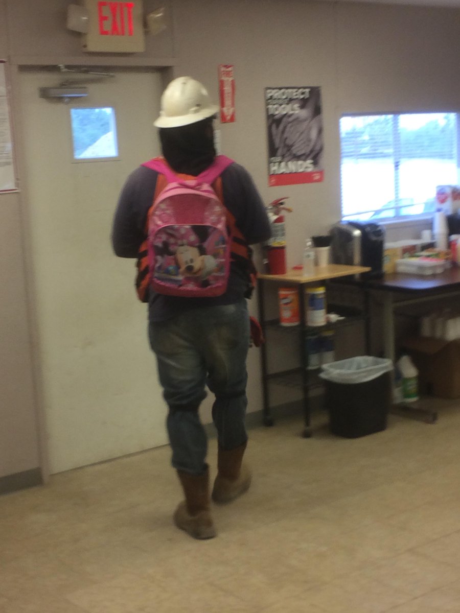 weeklysafety's tweet photo. Rigger wears daughter's Minnie Mouse backpack to job every day to remind him why he works safely.. #standdown4safety https://t.co/6NyGIsQkjA https://t.co/w8NUBnV8P9
