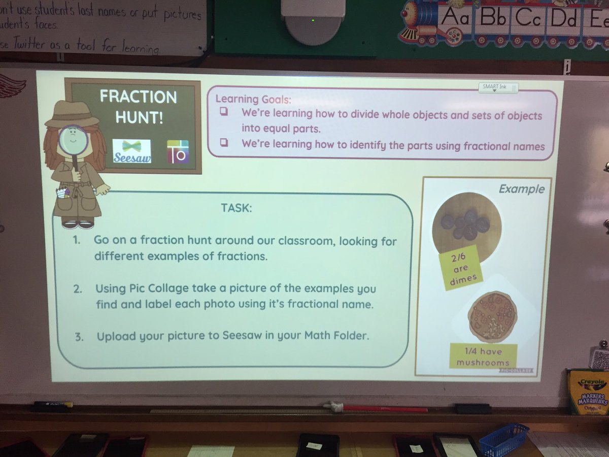 MissStickley's tweet image. Using @PicCollage and @Seesaw to hunt for fractions around our room! #sccdsb #Grade3Math #Seesaw