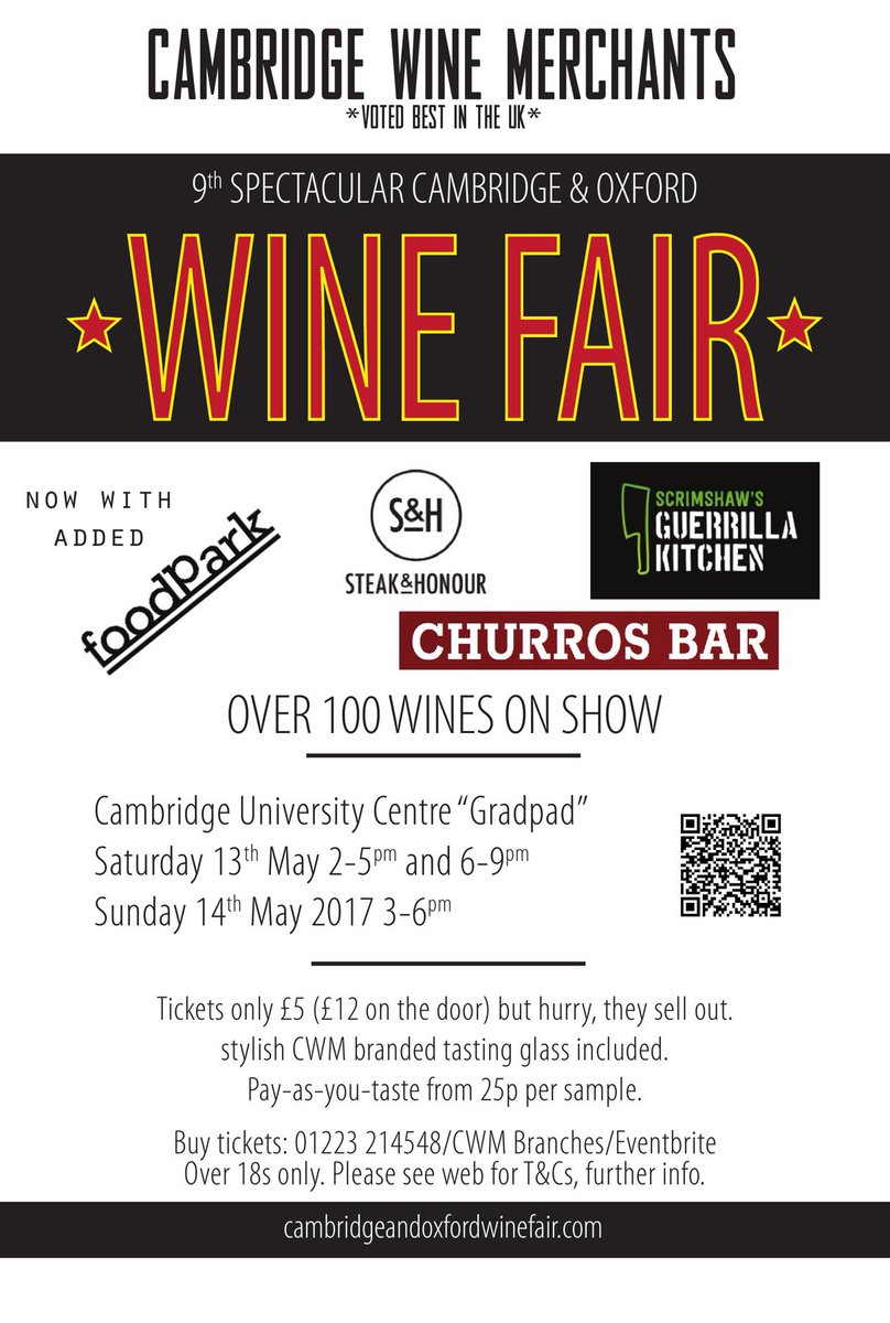 Tickets still available for WineFair <a href="/cucwinebar/">cucwinebar</a>. Now with added <a href="/foodpark_Cam/">foodPark®</a> stars <a href="/GuerrillaKitch/">Guerrilla Kitchen</a>, <a href="/steakandhonour/">Steak & Honour</a> and <a href="/churros_bar/">Churros Bar</a>