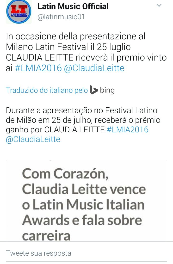 Leittevipando's tweet photo. Ela vai receber o Prêmio de "Melhor Colaboração Latina do Ano" durante o show na italia🎉👏👏 #LMIA2016 https://t.co/7n9RGAaDYk