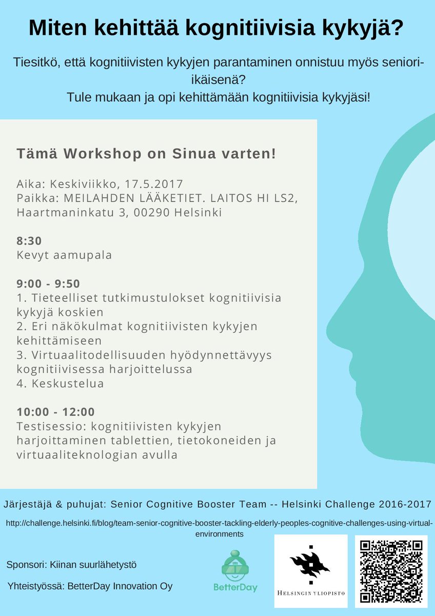 SeniorCognitive's tweet photo. How to improve your cognitive ability?!🤔 C U @ 17.5 workshop - share it now!💪 @hkichallenge @AaltoUniversity @helsinkiuni @SuomiFinland100 https://t.co/txozKS9p2A