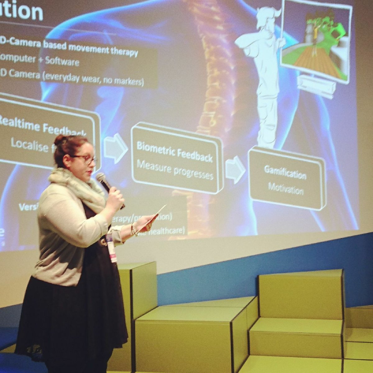Ambi_Gate's tweet photo. AmbiCaro as #womenintech rocks the stage @CUBEConnects with #eReha - your virtual coach. We want to meet @stevewoz 🤗 https://t.co/1mnMpEleuM