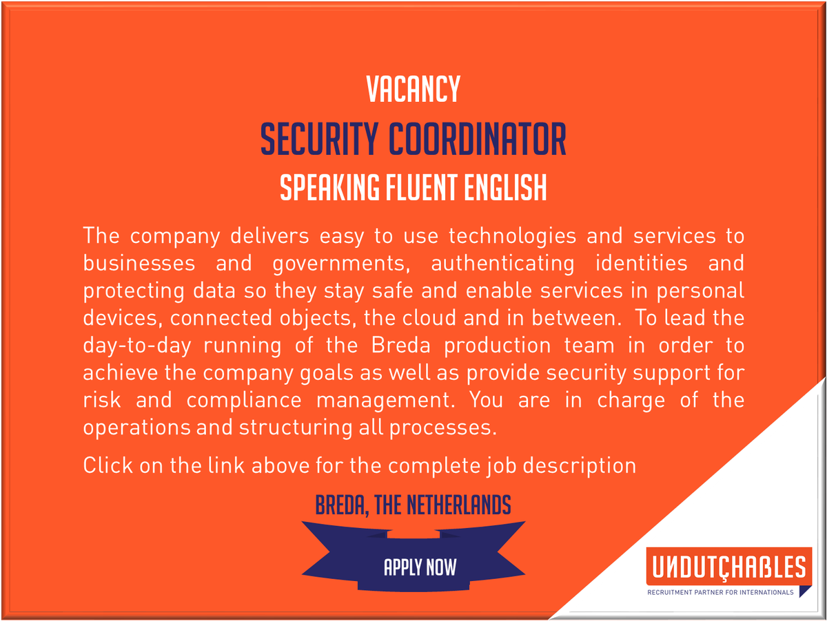 UndutchablesRec's tweet photo. #job #SecurityCoordinator #security #English #Undutchables #werehiring #Breda #vacancy #apply https://t.co/1jBzpH2r4I https://t.co/j3XIOHBvrW