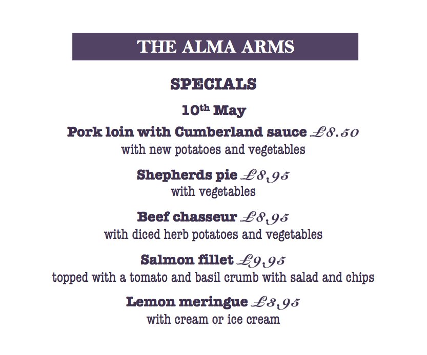 TheAlmaArms's tweet photo. Fancy eating out tonight? Take a look at our tasty specials for this week! That should be enough to tempt you... 😉 #AlmaArms #Uckfield https://t.co/ff5ER8f1ci