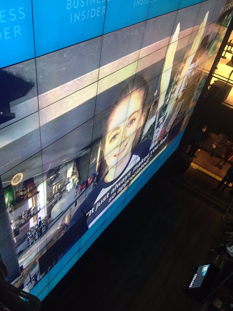 navahhhhh's tweet photo. 3 story tall screen with @SimoneGiertz's face ✔️ #BInewfronts #newfronts https://t.co/dDbuTvgsSJ