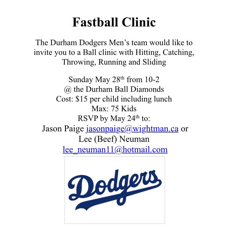 dodgers_durham's tweet photo. Sunday May 28th the Durham Dodgers are holding a Fastball Clinic. Flyer posted below if you're interested https://t.co/QjsaO2TAM5