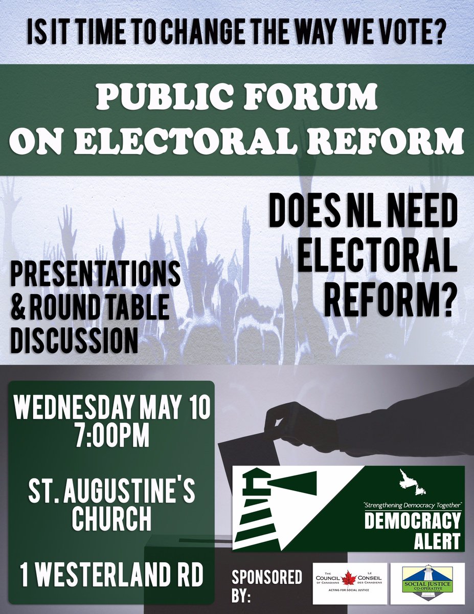 DemocracyAlert's tweet photo. Please join us tonight for a discussion about electoral reform for NL!

https://t.co/I2mYR1YBni

#nlpoli #electoralreform https://t.co/JIJPmvS4dX