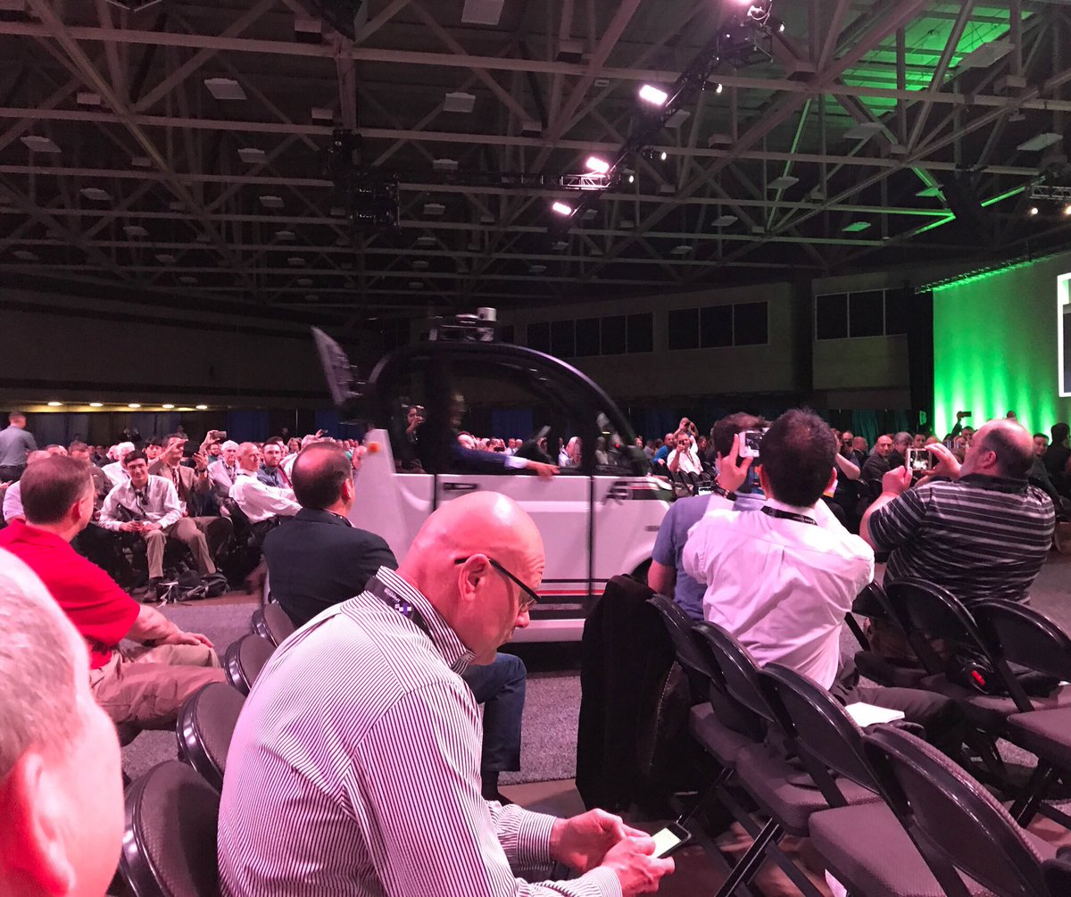 UAVOperator's tweet image. Jim Cantore rolls in without a driver at Xponential 2017. #AutonomousVehicles  #auvsiXPO