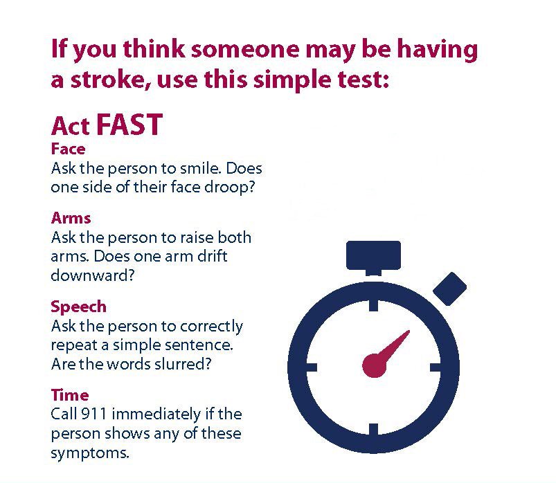 Recognize the signs of stroke and Act FAST. You may save a life. #strokemonth
