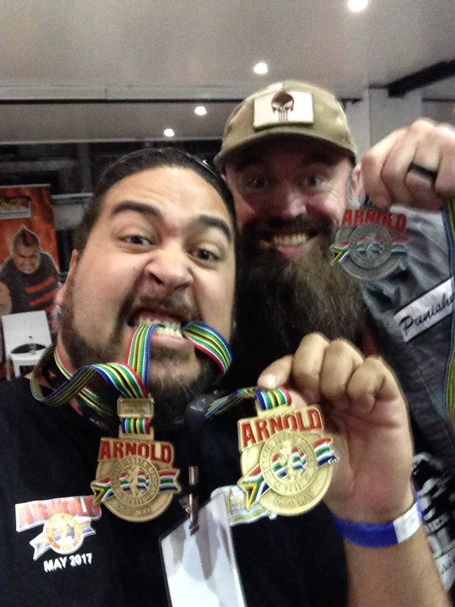 SamoanStorm's tweet photo. @BIGGENESNITSKY and myself flew 2 S. Africa to wrestle at @ArnoldClassicAF N left with some Strict Arm Curl Medals #2xGold @CTFletcherISYMF https://t.co/INJSzPq5CG